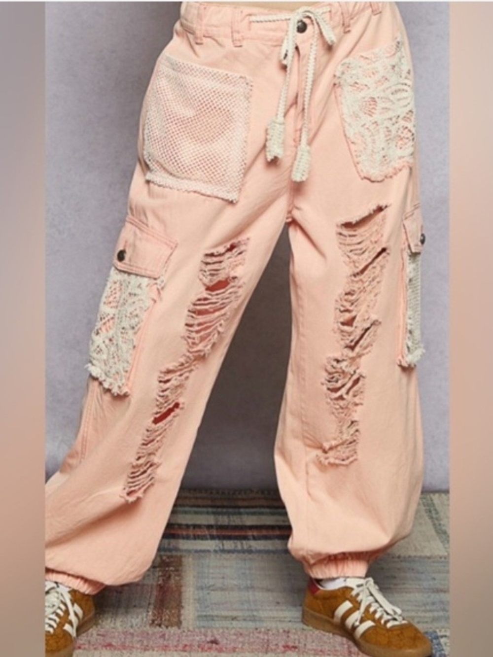 POL Blush Peach Distressed Cargo Joggers with Lace Patches